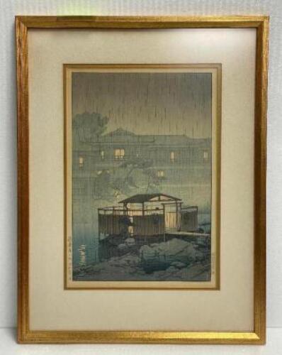 KAWASE HASUI "RAIN AT SHUZENJI" (1933) - SIGNED WOODBLOCK PRINT - FRAMED