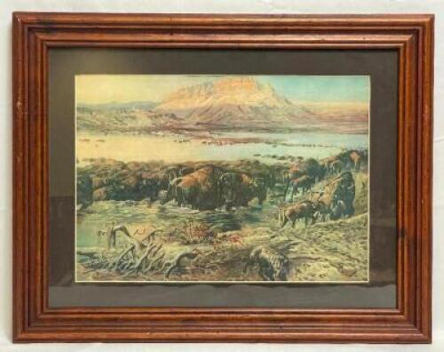 C.M. RUSSEL "BUFFALO ON THE MOVE" FRAMED PRINT