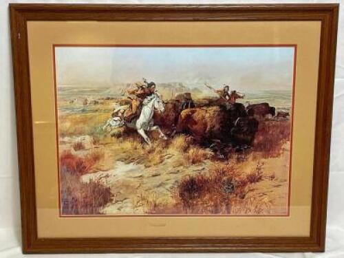 C.M. RUSSEL "INDIAN BUFFALO HUNT" FRAMED PRINT