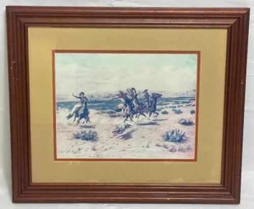 C.M. RUSSEL "ROPING A WOLF" FRAMED PRINT