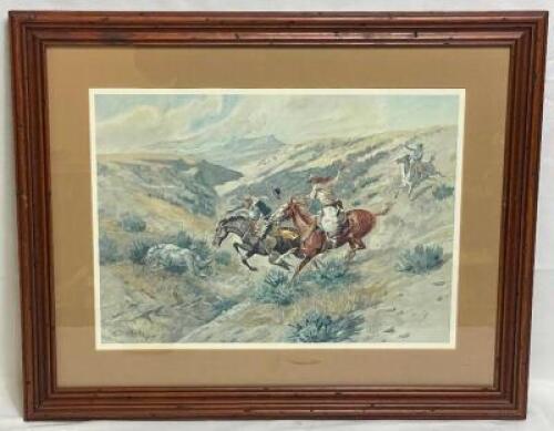 C.M. RUSSEL "COWBOYS ROPING A WOLF" FRAMED PRINT