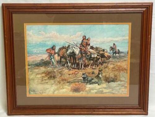 C.M. RUSSEL "NATIVE AMERICANS PLAINS PEOPLE MOVING CAMP" FRAMED PRINT