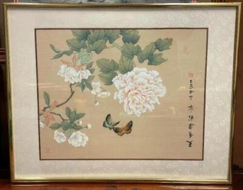 VINTAGE "CHRYSANTHEMUM AND BUTTERFLIES" FRAMED WATERCOLOR ON SILK