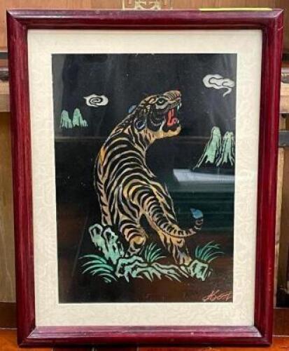 VINTAGE "TIGER" FRAMED PAINT ON GLASS