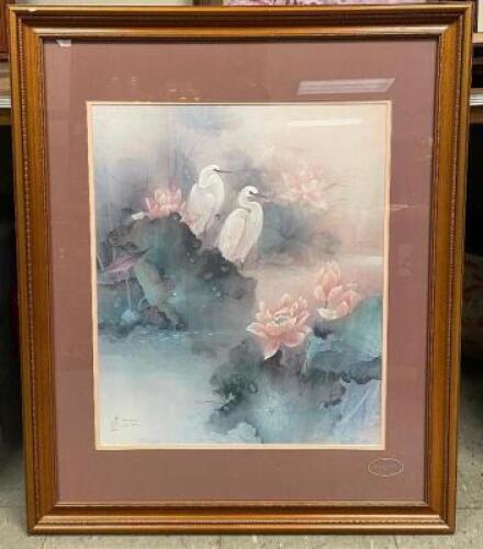 VINTAGE FRAMED LENA LIU " SWAN AND FLOWERS" SIGNED AND NUMBERED PRINT