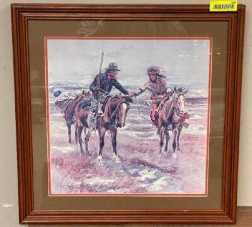 C.M. RUSSEL "A DOUBTFUL HANDSHAKE" FRAMED PRINT
