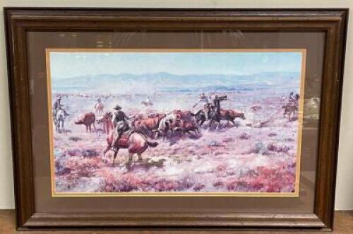C.M. RUSSEL "THE ROUND UP" FRAMED PRINT