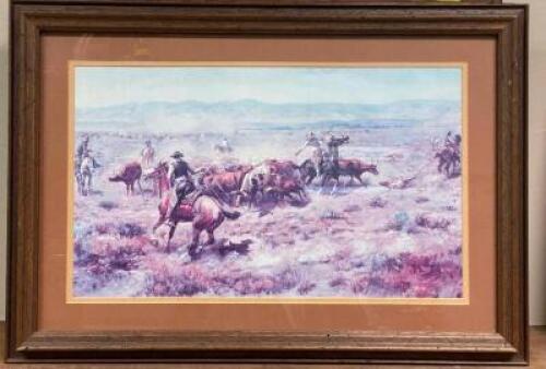 C.M. RUSSEL "THE ROUND UP" FRAMED PRINT