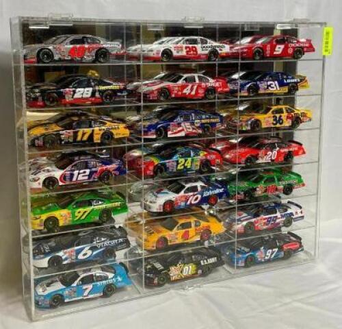 WALL MOUNTED HOT CLEAR ACRYLIC 1:24 SCALE STOCK CAR STORAGE AND DISPLAY CASE / HOLDS 21 CARS