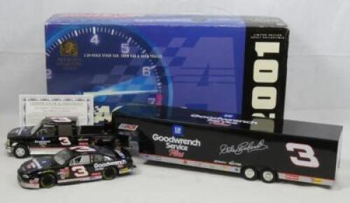 DALE EARNHARDT SR. #3 GM GOODWRENCH SERVICE PLUS 2001 CCTC MONTE CARLO, CREWCAB AND SHOW TRAILER LIMITED EDITION 1:24 SCALE AUTHENTIC STOCK CAR SET