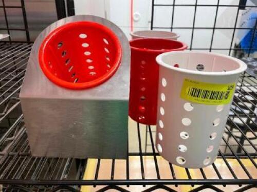 DESCRIPTION: (4) PLASTIC SILVERWARE CADDYS AND (1) STAINLESS HOLDER LOCATION: KITCHEN THIS LOT IS: ONE MONEY QTY: 1