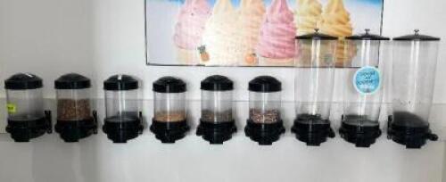 DESCRIPTION: (9) ASSORTED WALL MOUNTED PLASTIC INGREDIENTS DISPENSERS. LOCATION: KITCHEN THIS LOT IS: SOLD BY THE PIECE QTY: 9