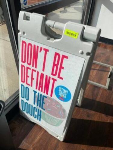 DESCRIPTION: PLASTIC SANDWICH BOARD SIGN LOCATION: FRONT QTY: 1