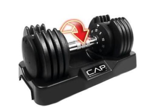 DESCRIPTION: (2) ADJUSTABLE DUMBBELL BRAND/MODEL: CAP INFORMATION: BLACK RETAIL$: $100.00 TOTAL SIZE: 5-25 LB QTY: 2
