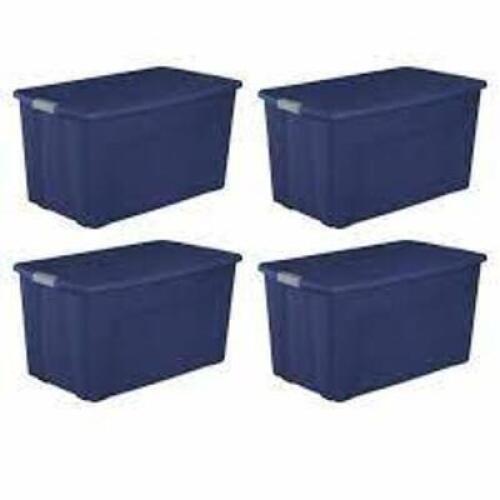 DESCRIPTION: (4) WHEELED LATCH TOTE BRAND/MODEL: STERILITE #1948 INFORMATION: BLUE RETAIL$: $22.98 EA SIZE: 45 GAL QTY: 4