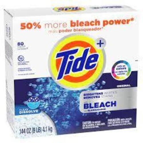 DESCRIPTION: (1) POWDER LAUNDRY DETERGENT BRAND/MODEL: TIDE WITH BLEACH RETAIL$: $21.00 EA SIZE: 144 OZ QTY: 1