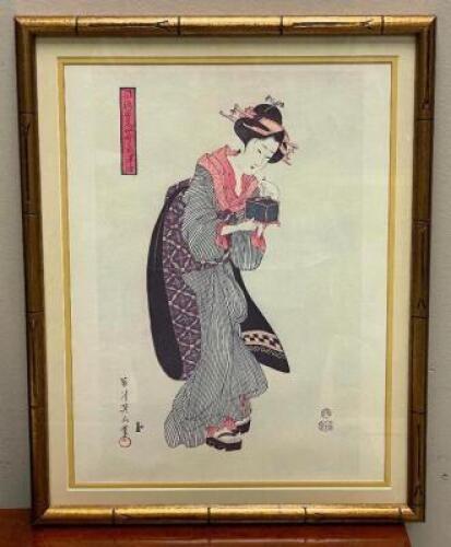 KIKUGAWA EIZAN "GEISHA HOLDING BOX" - SIGNED WOODBLOCK PRINT - FRAMED