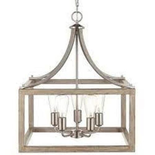 Boswell Quarter 20 in. 5-Light Brushed Nickel Farmhouse Square Pendant Chandelier with Weathered Wood Accents