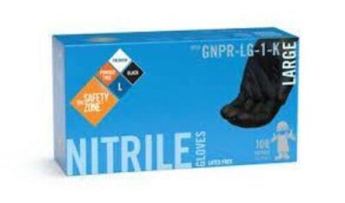 DESCRIPTION: (5) BOXES OF (100) NITRILE GLOVES, LATEX FREE BRAND/MODEL: SAFETY ZONE #GNPR-LG-1-K INFORMATION: BLACK RETAIL$: $29.95 PER BOX SIZE: LARG