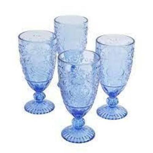 DESCRIPTION: (4) AMELIA EMBOSSED DRINKWARE GOBLET BRAND/MODEL: THE PIONEER WOMAN INFORMATION: BLUE RETAIL$: $15.76 TOTAL SIZE: 14.7 OZ QTY: 4