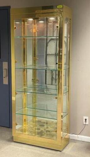 80" GOLD PLATED ILLUMINATED 5-TIER DISPLAY CABINET / TROPHY CASE WITH TEMPERED GLASS SHELVES