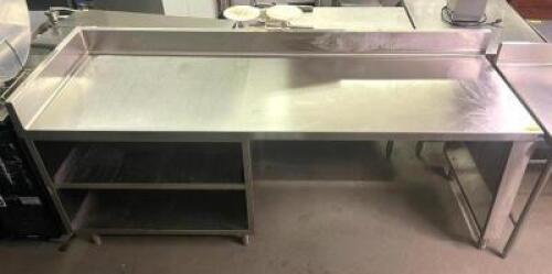8' STAINLESS STEEL TABLE WITH BACKSPLASH, SIDESPLASH, STAINLESS ENCLOSED UNDERSHELVES, WITH WELDED LEGS