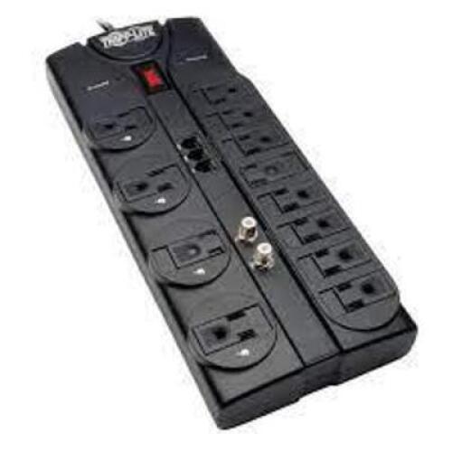 DESCRIPTION: (1) SURGE PROTECTOR POWER STRIP BRAND/MODEL: TRIPP LITE #TLP1208TELTV INFORMATION: BLACK RETAIL$: $49.89 EA SIZE: 12 OUTLET QTY: 1