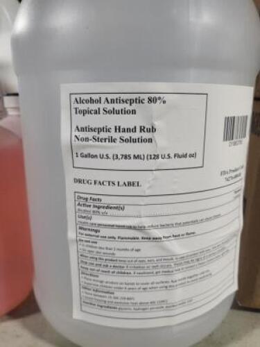 DESCRIPTION: (1) ALCOHOL ANTISEPTIC BRAND/MODEL: TOPICAL SOLUTION HAND RUB INFORMATION: 0.8 RETAIL$: $40.00 EA SIZE: 1 GALLON QTY: 1