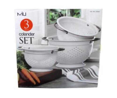 DESCRIPTION: 3-PIECE COLANDER SET-WHITE BRAND/MODEL: MIU RETAIL$: $33.99 QTY: 1