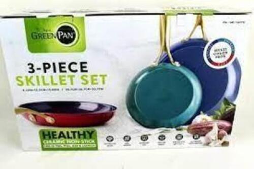 DESCRIPTION: 3-PIECE SKILLET FRYING PAN SET BRAND/MODEL: ORIGINAL GREEN PAN RETAIL$: $73.75 QTY: 1