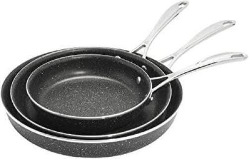DESCRIPTION: 3PC NOTTE GRANITIUM FRY PAN SET (USED) BRAND/MODEL: HENCKELS CARPI INFORMATION: $129.95 NEW QTY: 1