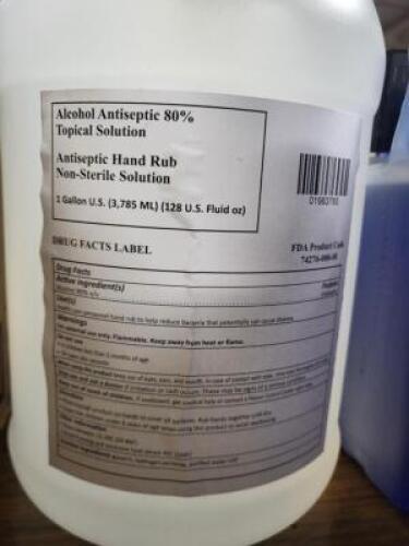 DESCRIPTION: (2) ALCOHOL ANTISEPTIC BRAND/MODEL: TOPICAL SOLUTION HAND RUB INFORMATION: 0.8 RETAIL$: $40.00 EA SIZE: 1 GALLON QTY: 2