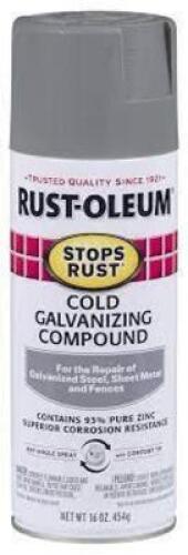 DESCRIPTION: (6) RUST STOP COLD GALVANIZING COMPOUND SPRAY PAINT BRAND/MODEL: RUST-OLEUM INFORMATION: GREY RETAIL$: $10.99 EA SIZE: 16 OZ QTY: 6