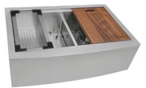 DESCRIPTION (1) RUVATI FARMHOUSE KITCHEN SINK BRAND/MODEL RVH9201 ADDITIONAL INFORMATION STAINLESS STEEL/APRON-FRONT/DOUBLE-BOWL/RETAILS AT $590.40 SI