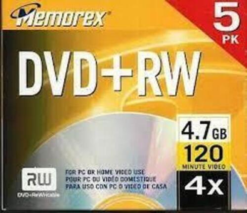 DESCRIPTION: (4) PACKS OF (5) REWRITABLE DVDS WITH CASE BRAND/MODEL: MEMOREX #RW RETAIL$: $11.99 PER PACK SIZE: 4.7 GB, 120 MIN VIDEO QTY: 4