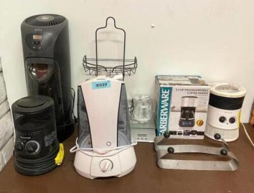 ASSORTED HOUSEHOLD ITEMS (COFFEE MAKER, HEATERS, FANS, HUMIDIFIER, TOWEL RACKS, SCALE, SHOWER CADDY, ETC.)