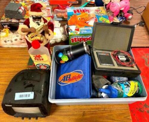 ASSORTED ITEMS AS SHOWN (TV, SPORT BOTTLES, CARDIO METER, JAZZ SANTA, ETC.)
