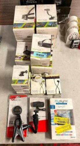 ASSORTED ELECTRONICS AND ACCESSORIES AS SHOWN (PEDOMETER, WIRELESS ACTIVITY TRACKER, AND ASSORTED ACTION CAMERA ACCESSORIES, ETC.)