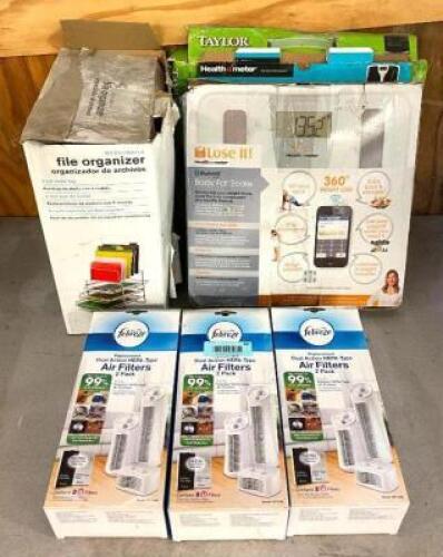 ASSORTED ITEMS AS SHOWN (SCALES, FILE ORGANIZER, AND (3) AIR FILTERS)