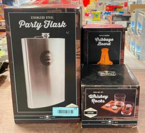 (3) FLASKS, (2) CRIBBAGE BOARDS, AND WHISKEY ROCKS SET