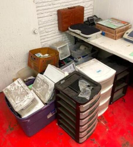 ASSORTED OFFICE SUPPLIES AS SHOWN (STORAGE BINS, BRIEFCASE, FOOTREST, HOLE PUNCH, BINDERS, ETC.)