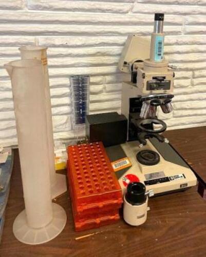 OLYMPUS MICROSCOPE, TEST TUBE HOLDER, GRADUATED CYLINDERS, ETC.