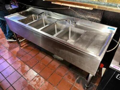 DESCRIPTION: 72" X 22" FOUR WELL UNDER BAR STAINLESS SINK W/ DOUBLE FAUCET. SIZE 72" X 22" LOCATION: BAR QTY: 1