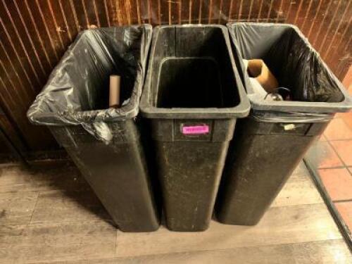 DESCRIPTION: (3) 20 GALLON BAR SIDE TRASH CANS. ( BLACK ) BRAND / MODEL: RUBBERMAID LOCATION: BAR THIS LOT IS: SOLD BY THE PIECE QTY: 3
