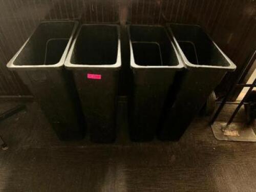 DESCRIPTION: (4) 20 GALLON BAR SIDE TRASH CANS. ( BLACK ) BRAND / MODEL: RUBBERMAID LOCATION: BAR THIS LOT IS: SOLD BY THE PIECE QTY: 4