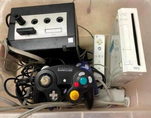 WII CONSOLE AND GAMECUBE CONSOLE WITH CONTROLLERS AND CORDS