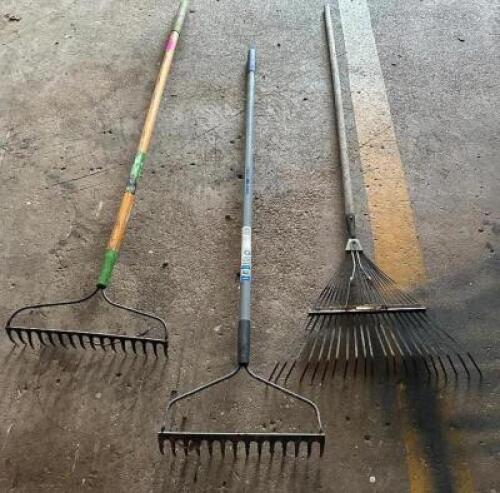 DESCRIPTION: (3) ASSORTED RAKES LOCATION: GARAGE QTY: 3