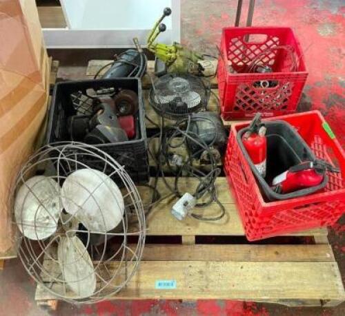 ASSORTED FANS, CASTERS, FIRE EXTINGUISHERS, AND TOOLS AND PARTS