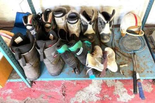 ASSORTED SNOWBOARD SHOES, SKATES, AND SPORTS GEAR AS SHOWN