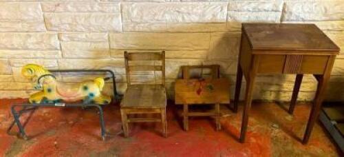 ASSORTED WOODEN FURNITURE AND CHILDRENS RIDING HORSE